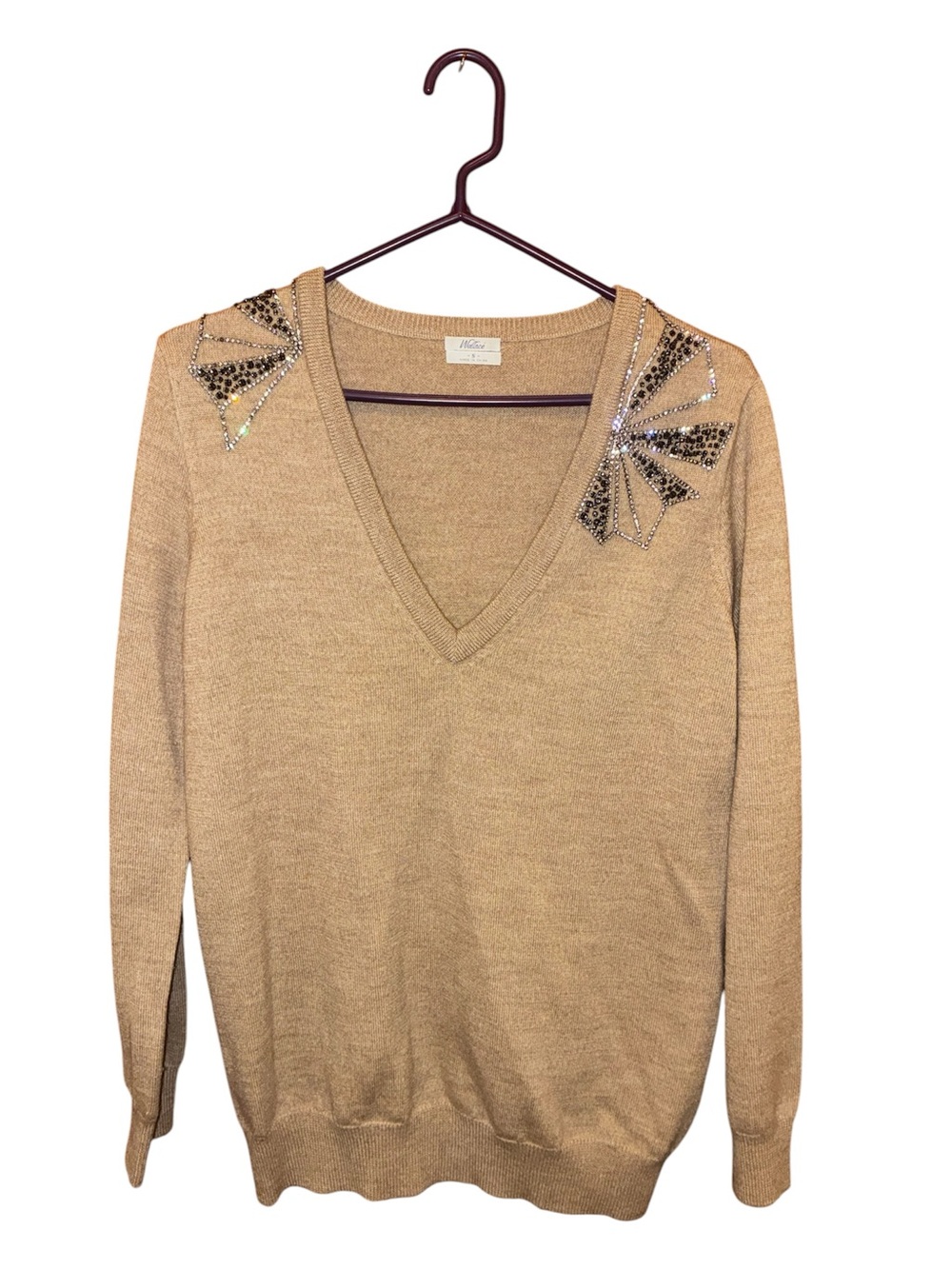Wallace Women's Embellished V-Neck Sweater Tan S 100% Merino Wool